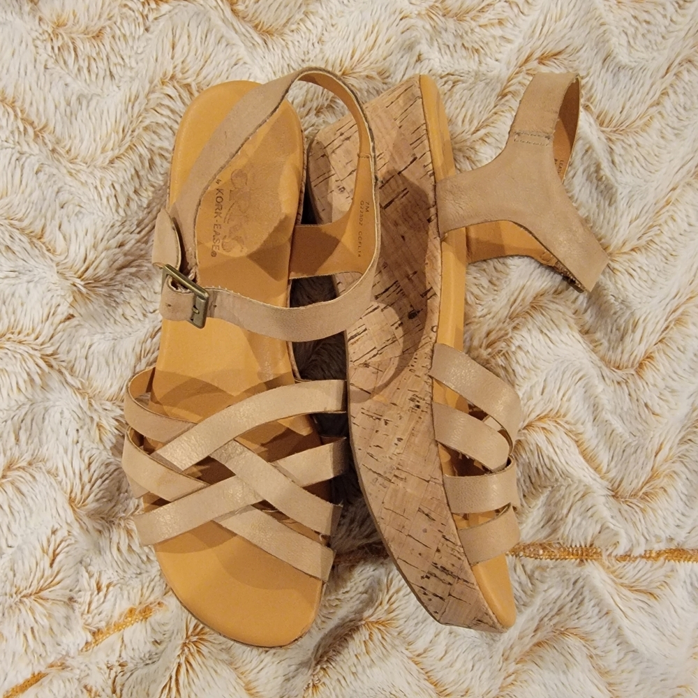 Kork-Ease Tan Woven Leather Cork Platform Wedge 7